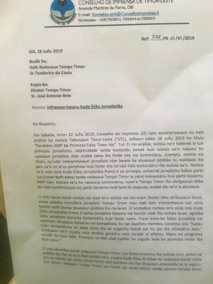 Karta orijinal husi Prezidente KI hodi defende Governu ninia pozisaun no kondena Tempo Timor ninia notisia