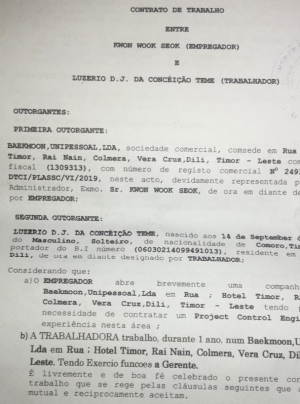 Dokumentu kontratu entre Oan husi Asesor Prinsioal ho Kompana Baekmoon