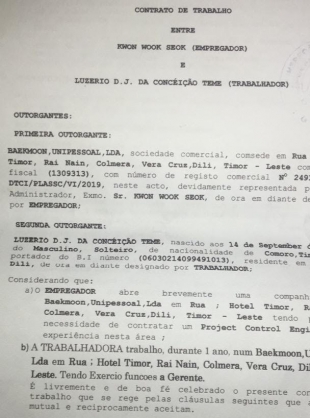 Dokumentu kontratu entre Oan husi Asesor Prinsioal ho Kompana Baekmoon