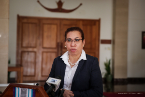 Ministra Negósiu Estranjeiru Kooperasaun (MNEK), Adaljiza Magno ko&#039;alia hela ba media sira hafoin sorumutu ho Prezidente Repúblika, Francisco Guterres &#039;Lú Olo&#039; iha palásiu prezidensiál Bairopite, sesta (02/07).