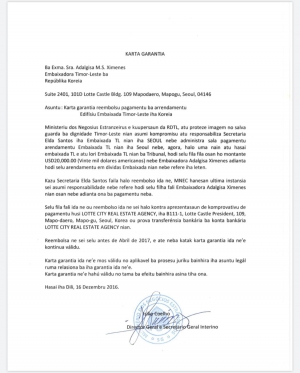 Surat garantia husi MNEK atu selu tusan Sra EDS nian 