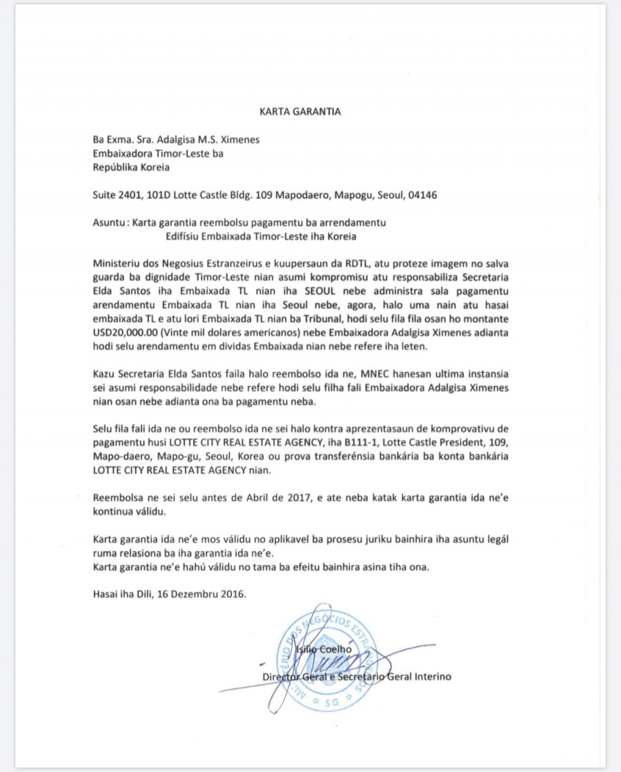 Surat garantia husi MNEK atu selu tusan Sra EDS nian 