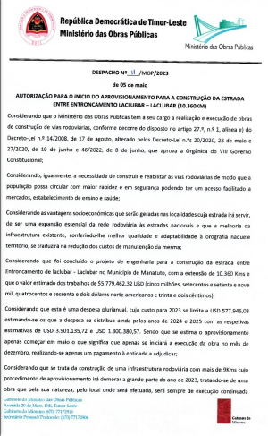 Despaisu Ministru Obras Publika, Abel Pires, ba Konkursu Publiku Projetu Konstrusaun Estrada Laklubar.