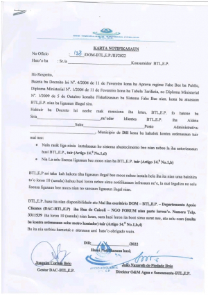 Karta notifikasaun ba komunidade ne’ebé halo koneksaun ba bee mos ho illegal.