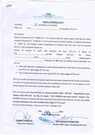 Karta notifikasaun ba komunidade ne’ebé halo koneksaun ba bee mos ho illegal.