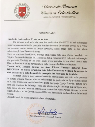 Karta husu deskulpa ne&#039;ebe fo sai husi Dioseze Baukau. 