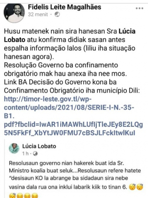 Diskusaun entre Ministru Fidelis Magalhaes ho Eis Minsutra Justisa Lucia Lobato iha facebook