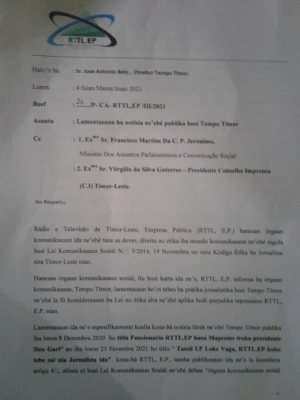 kopia karta Prezidente RTTL.EP ne&#039;ebe curhat ba MAPKoms no KI kona ba notisia www.tempotimor.com, Kinta (4/3)
