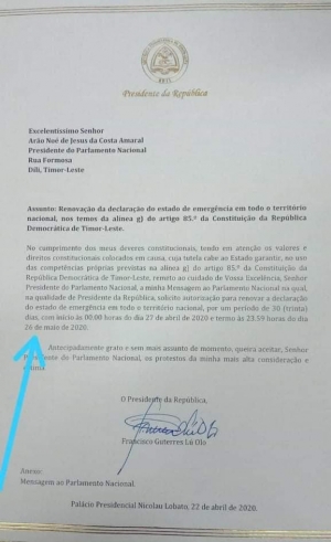 Karta Pedidu husi Prezidente da Republika, Dr. Francisco Guterres Lu Olo, ba Prezidente Parlamentu Nasional Arao Noe de Jesus Amaral hodi husu PN atu estende Estadu Emerjesia